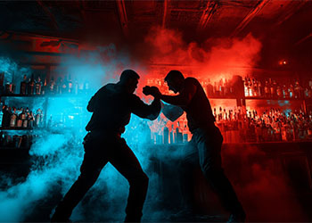 Silhouettes of two men fighting in a smoky bar