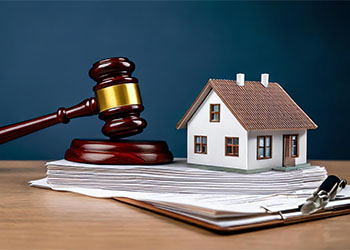 Gavel and Model house on stack of document