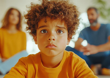 Worried child with parents in background