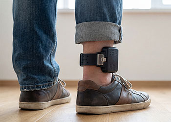 Man wearing electronic ankle monitor