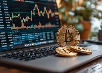 Bitcoin in a laptop with trading screen