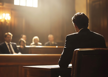 Defense lawyer presenting evidence during a trial