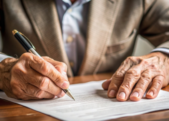 Old man examining and signing last will