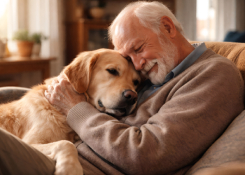 Senior man cuddling his golden retriever