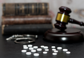 Judge's gavel with handcuffs, drugs on wooden table