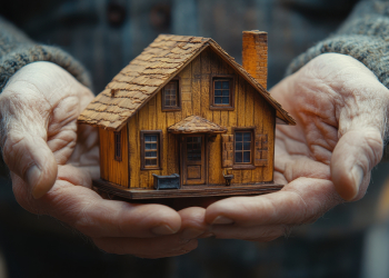 Old hands holding house model