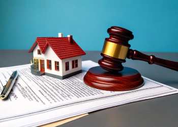 House model on top of legal papers and gavel