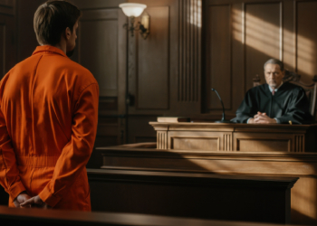 Man in orange jumpsuit stands at courtroom podium facing a stern judge