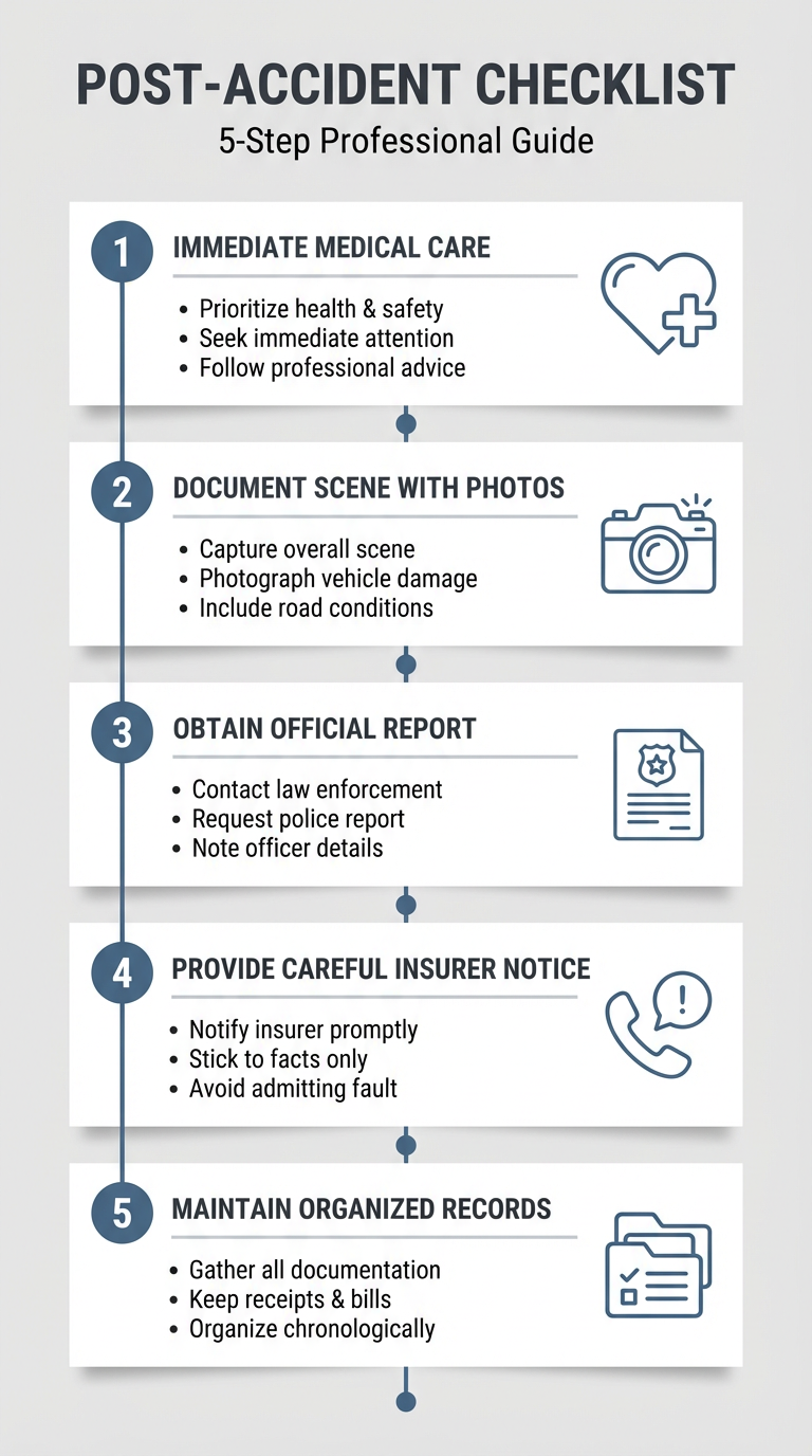 Vertical infographic showing a five-step post-accident checklist with numbered cards for medical care, scene photos, official report, insurer notice, and organized records, using a minimalist corporate layout and the brand's muted color palette.
