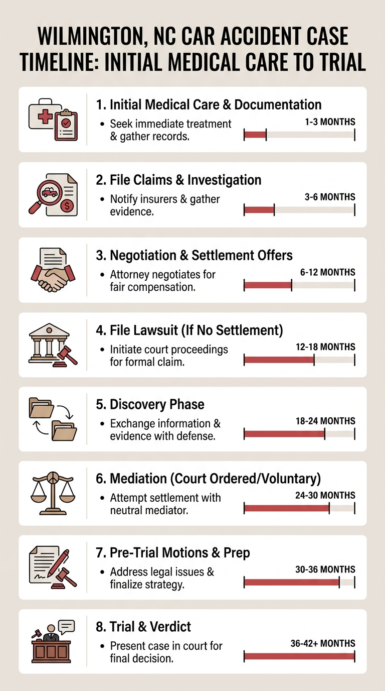 Vertical timeline infographic showing eight to nine stages of a Wilmington, NC car accident case from medical care to possible trial with approximate duration markers, color-coded sections, and simple line icons for each stage.