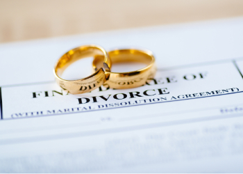 Broken wedding rings on divorce document