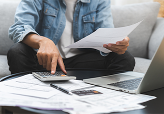 Business financial concept, owe asian young man, male sitting on couch stressed