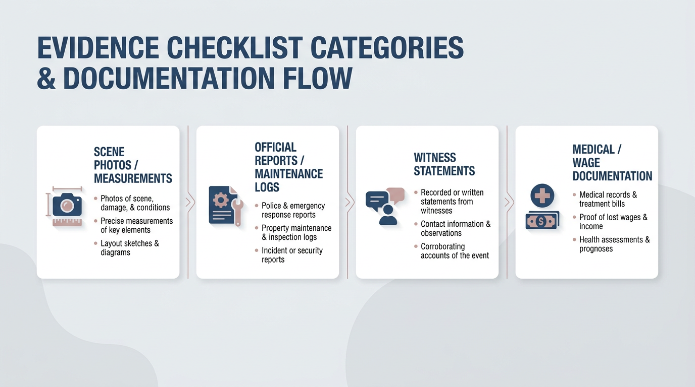 Horizontal infographic checklist showing four proof categories—scene photos/measurements, official reports/maintenance logs, witness statements, and medical/wage documentation—each in its own card with a simple filled icon and short labels.