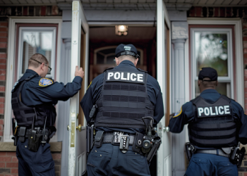 Police officers knocking at a front door of a house