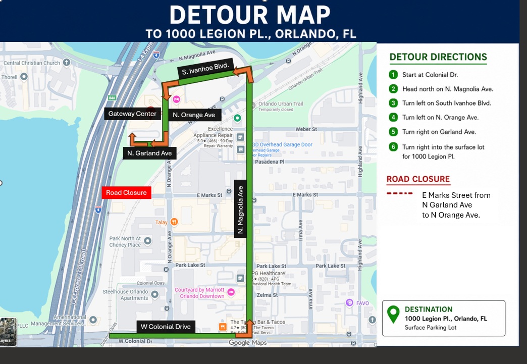 A detour map that describes taking Magnolia Ave to S. Ivanhoe Blvd to N. Orange Ave to Access our parking lot temporarily during construction