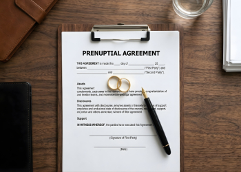 Prenuptial Agreement form with wedding ring and pen