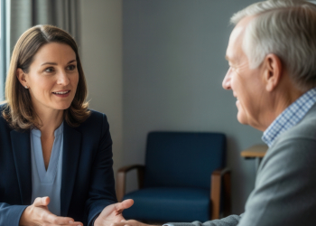 Old man consulting with attorney
