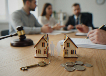 House model divided into equal parts with couples meeting with divorce attorney