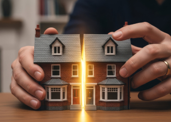 Hands dividing house model into equal parts