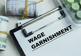 Concept of wage garnishment write on clipboard isolated on Wooden Table