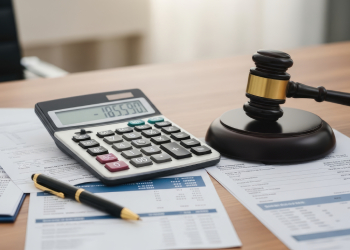 Calculator on desk alongside legal documents, gavel and pen