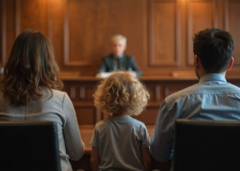 Child sits between parents in courtroom facing judge