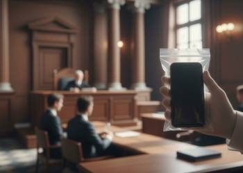 Person holding smartphone in plastic evidence bag inside courtroom
