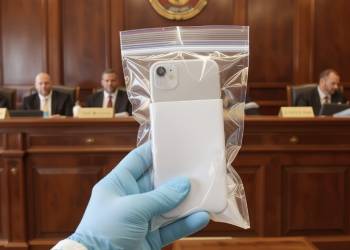 Man holds a smartphone in a clear evidence bag in courtroom
