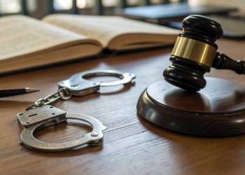 Handcuff and gavel in table