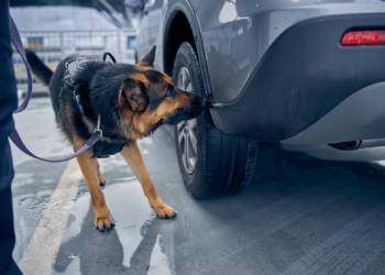 Drug detection dog sniffing car