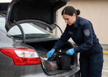 Police officer searching car trunk