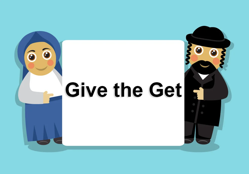 Cartoon Orthodox Jewish man and woman pointing at a page saying Give the Get