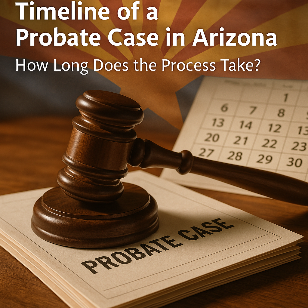 Gavel on a legal book titled 'Probate Case' with Arizona flag in background