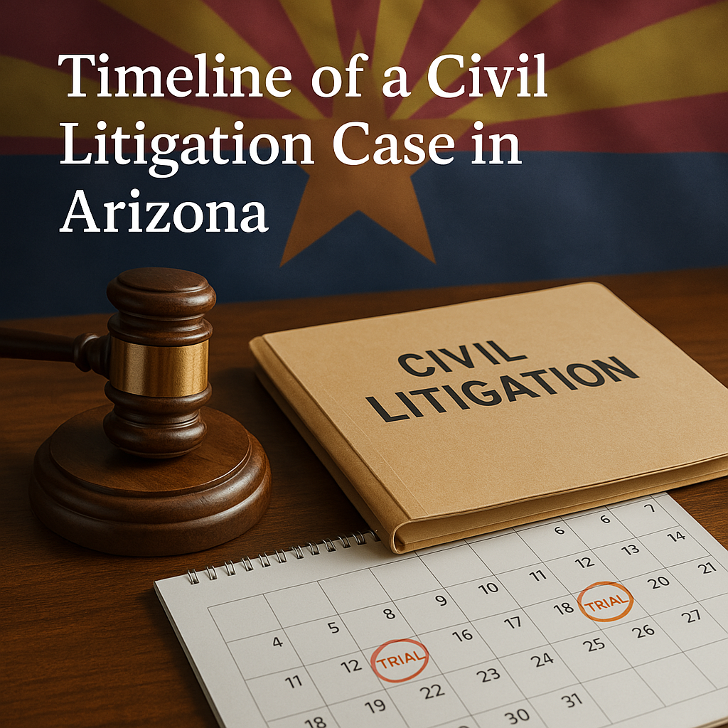 Photorealistic image of a wooden judge’s gavel resting beside a legal file labeled 'Civil Litigation' on a courtroom desk, symbolizing legal proceedings in Arizona.