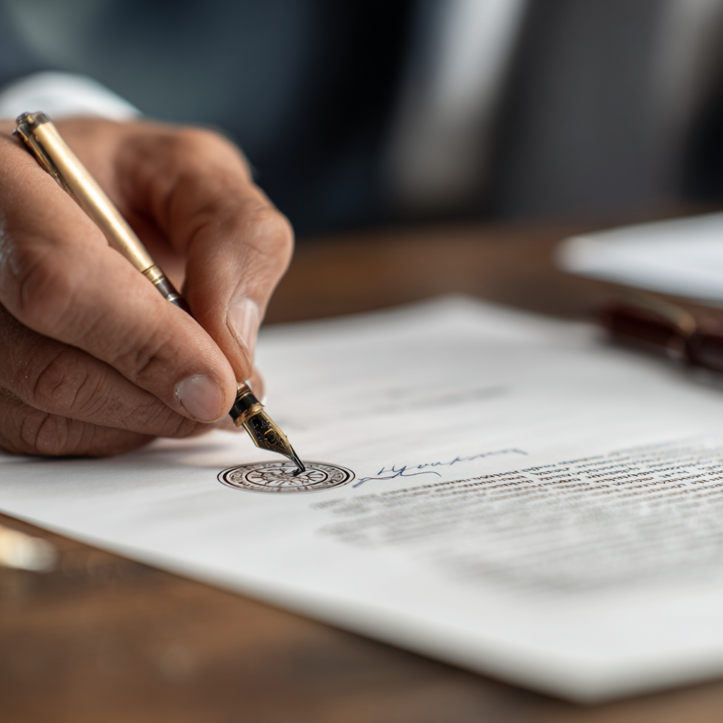Hands signing a deed with a visible notary seal, highlighting accuracy in Arizona real estate legal transactions.