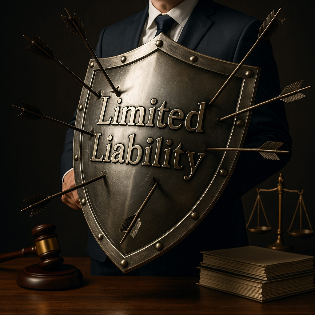 Phoenix business shielded by limited liability—arrows deflect off shiny shield in legal protection scene.