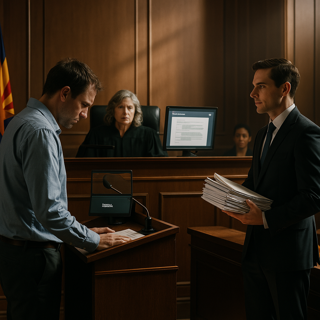 Self-represented litigant in Arizona family court faces attorney to present evidence before a judge.