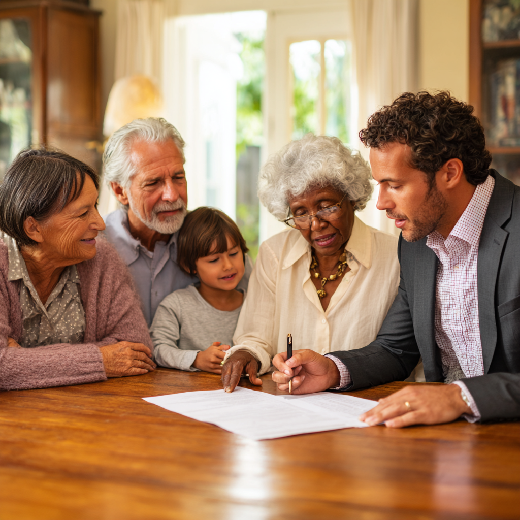 Arizona family meeting with estate planning attorney at home, reviewing legal documents together in a warm, professional setting
