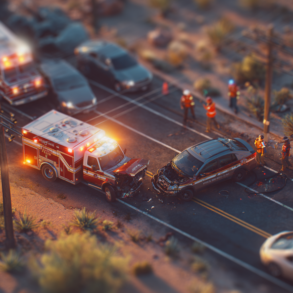 Arizona car accident scene with damaged vehicles and emergency responders at sunset