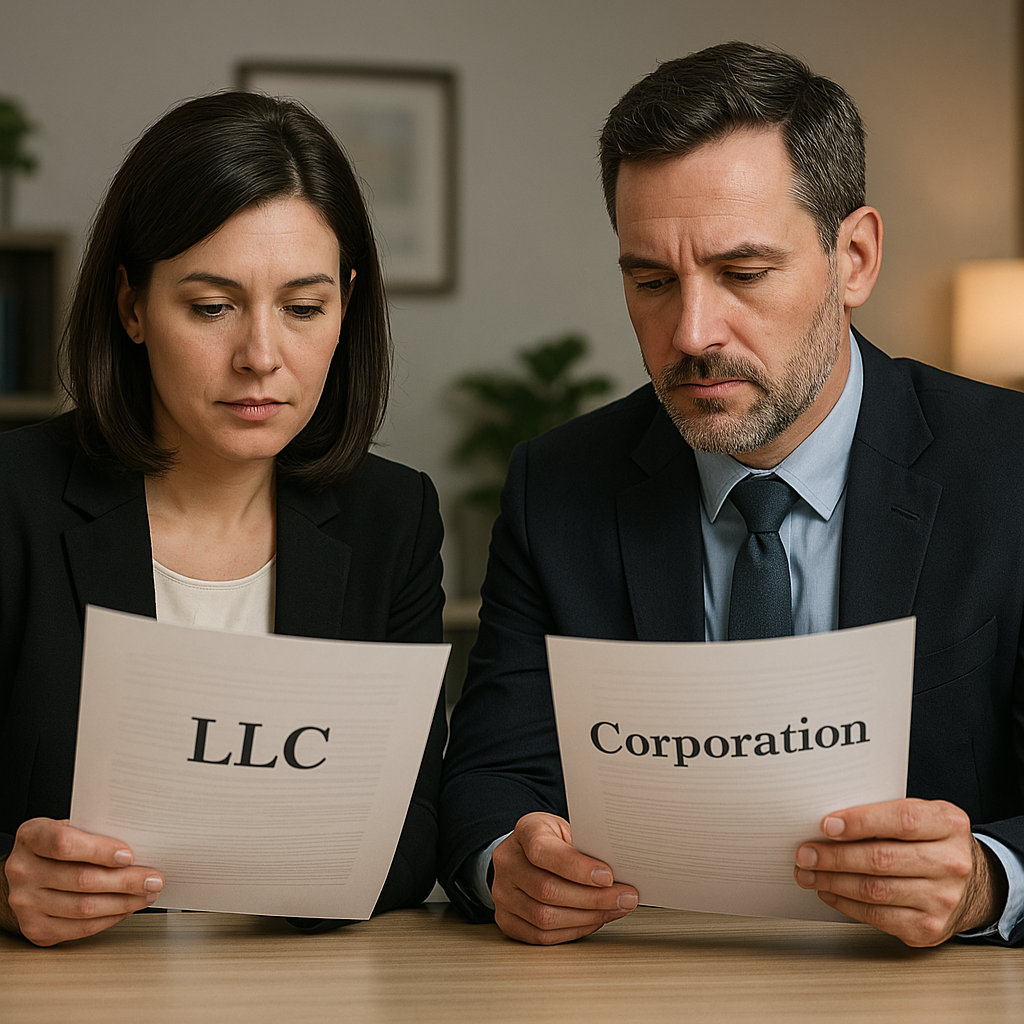 Business professionals reviewing LLC and Corporation documents in a modern Arizona office setting