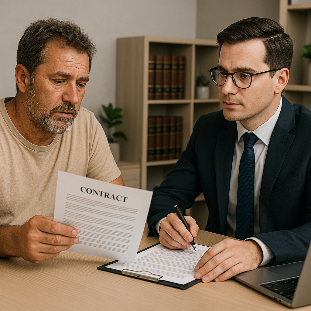 Arizona business owner reviewing a contract with legal counsel in a modern office setting