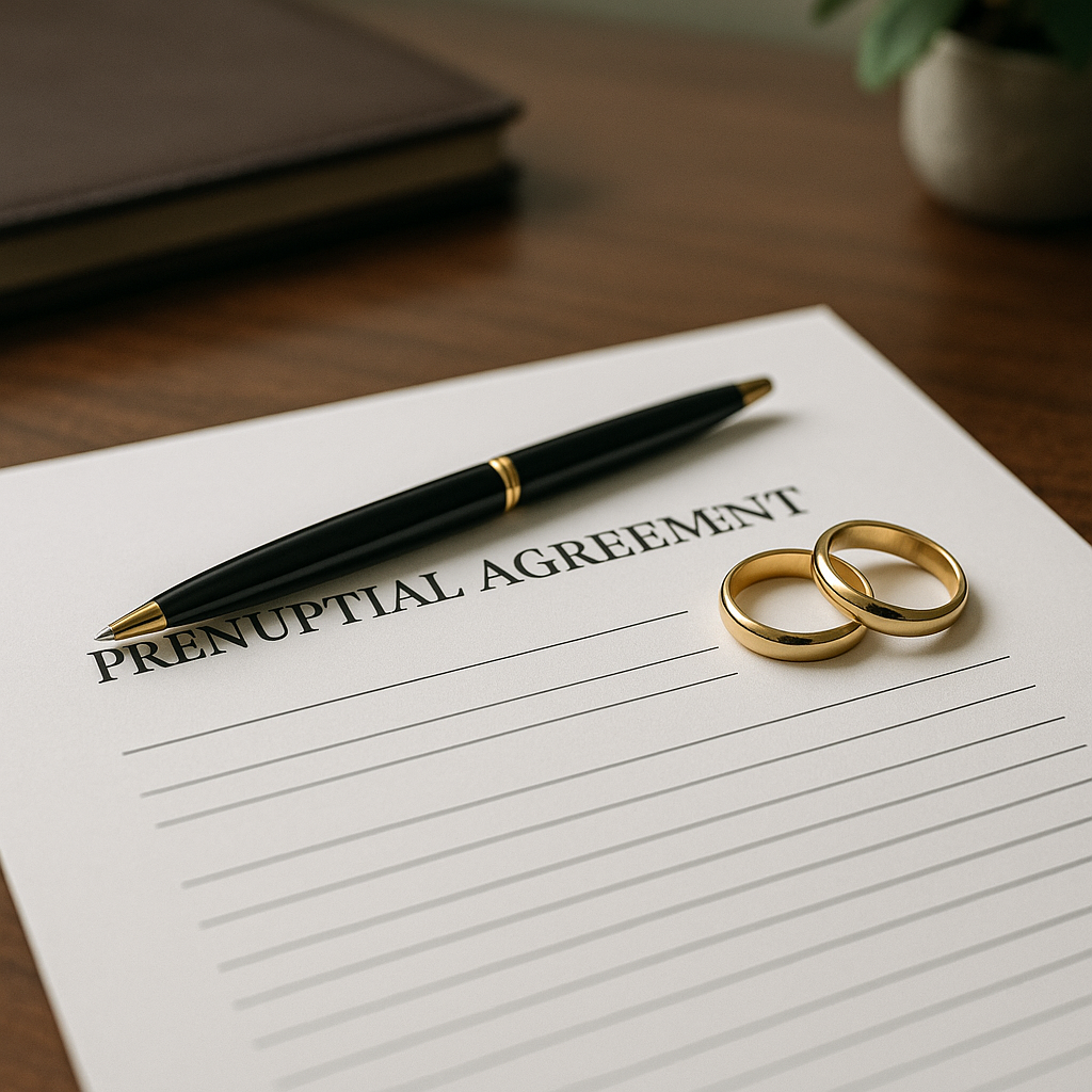 Prenuptial agreement document with title visible, pen resting on top, and two wedding bands beside it on a desk