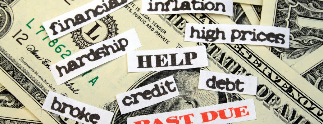Financial crisis words floating in front of unorganized $1 bills