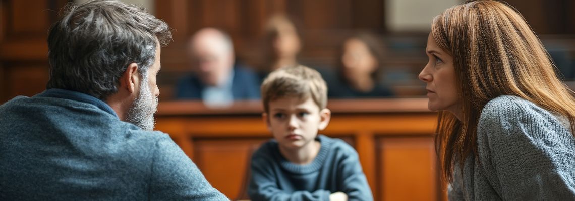 Parents in courtroom with child fighting for custody