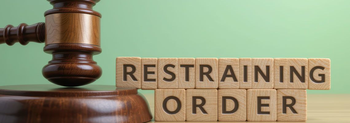 Gavel and wooden blocks spelling restraining order