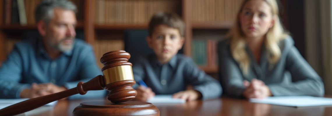 Gavel with divorced parents and child in background