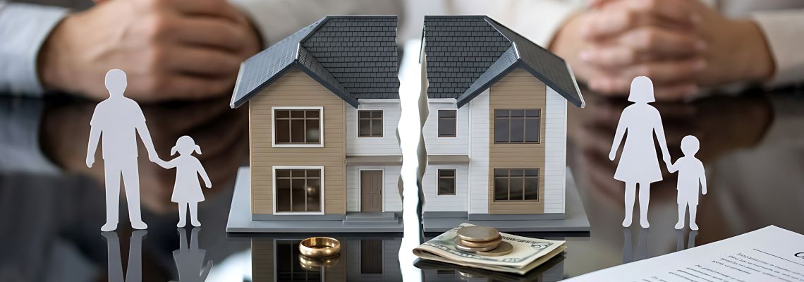 Divorce settlement concept with broken model house and paper family