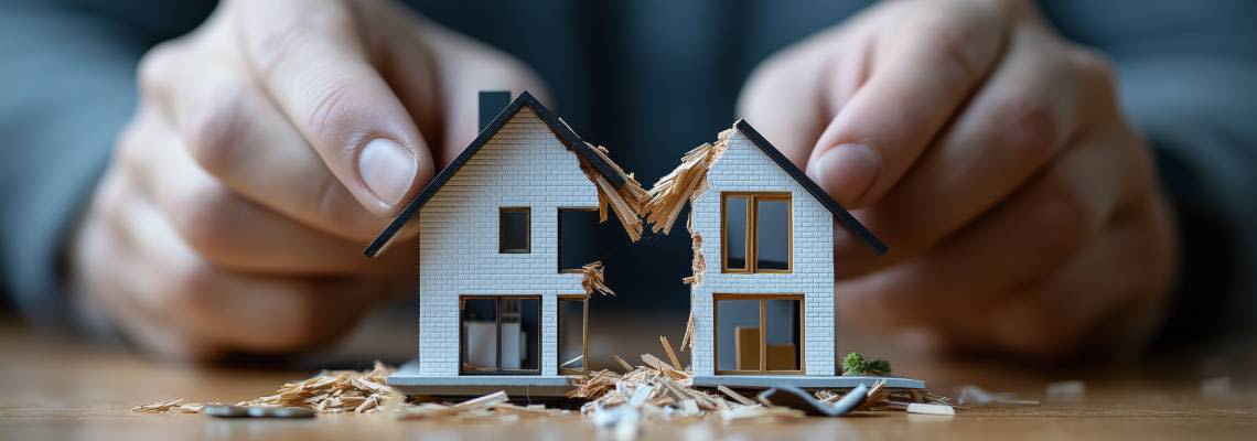 Hands splitting a model house into two, symbolizing divorce
