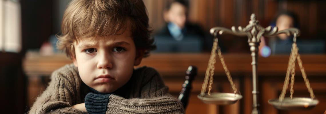 Cute child in courtroom with scale of justice