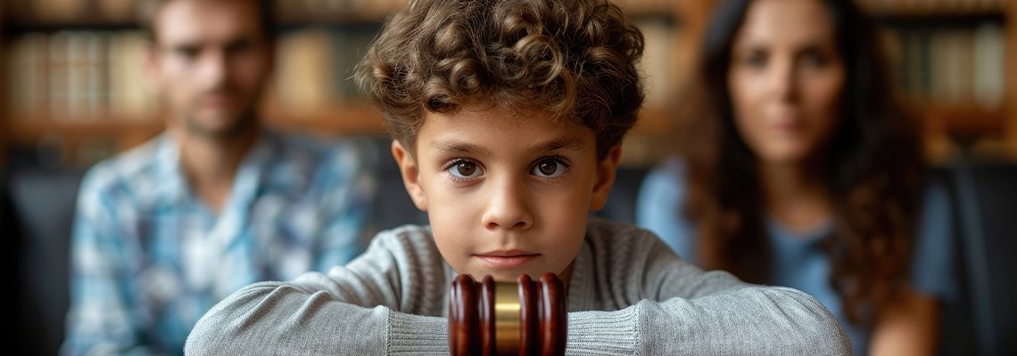 Gavel and child with divorced parents in background